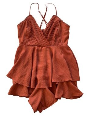 Francesca’s Blue Rain Rust Burnt Orange Textured V-Neck Tiered Ruffle Romper- S